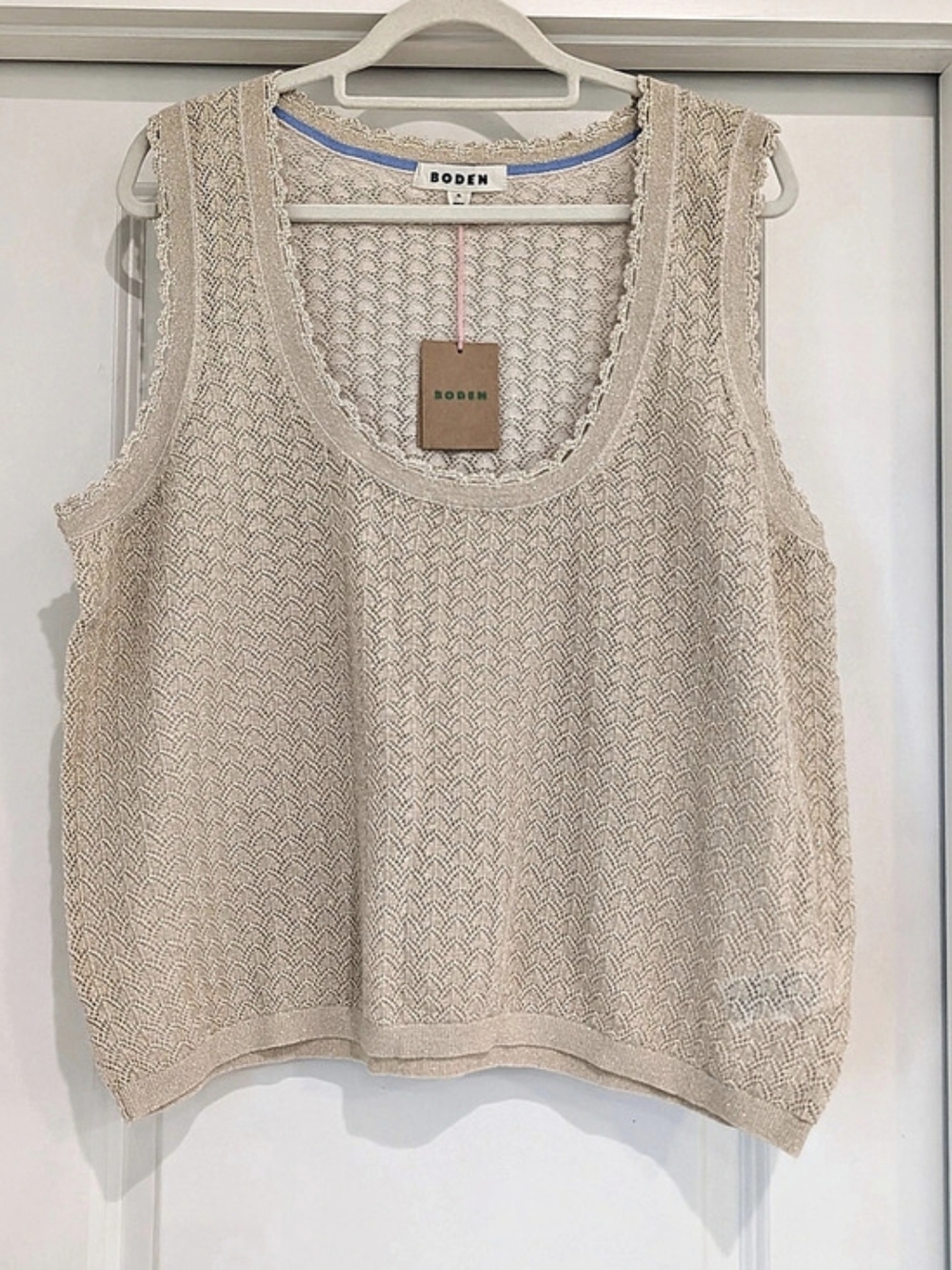 Boden Geometric Crochet Knit Tank in Metallic Cream Beige Size XL NWT